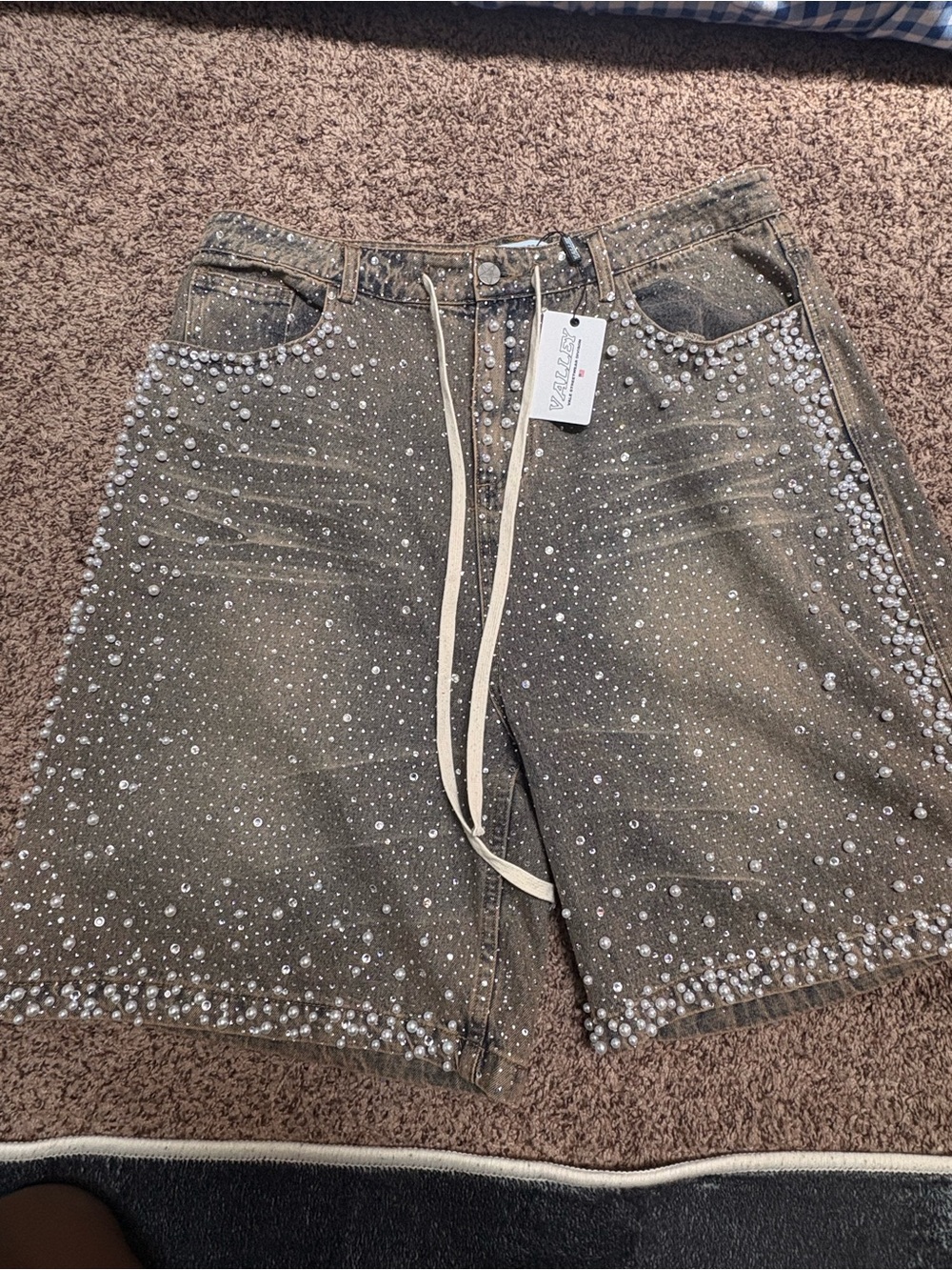 Men's Embellished Olive Green Denim Shorts